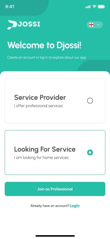 Djossi welcome screen: choose Service Provider or Looking For Service