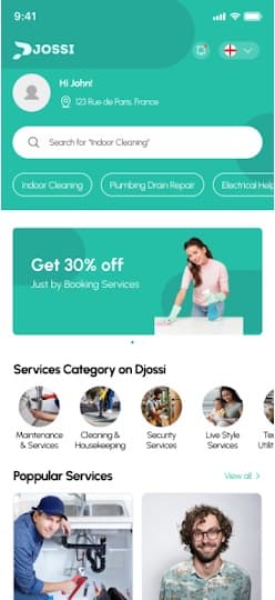 Djossi home screen with search, an offer banner and service categories