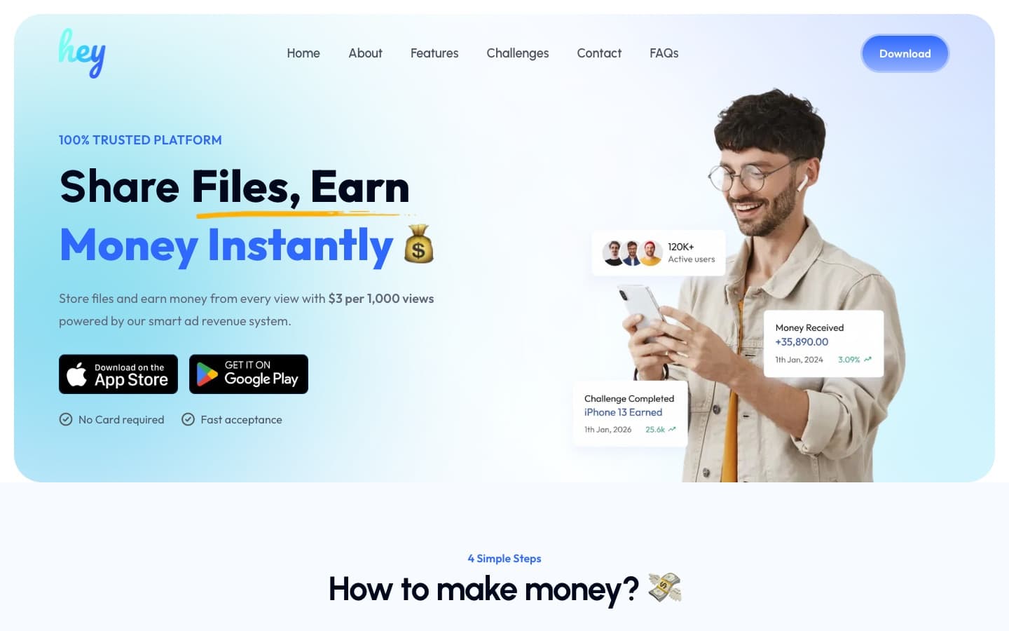 Hey.watch homepage: share files, earn money instantly, with App Store and Google Play buttons