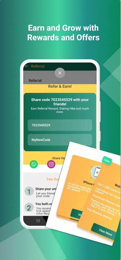 YatriPay refer-and-earn screen with a share code